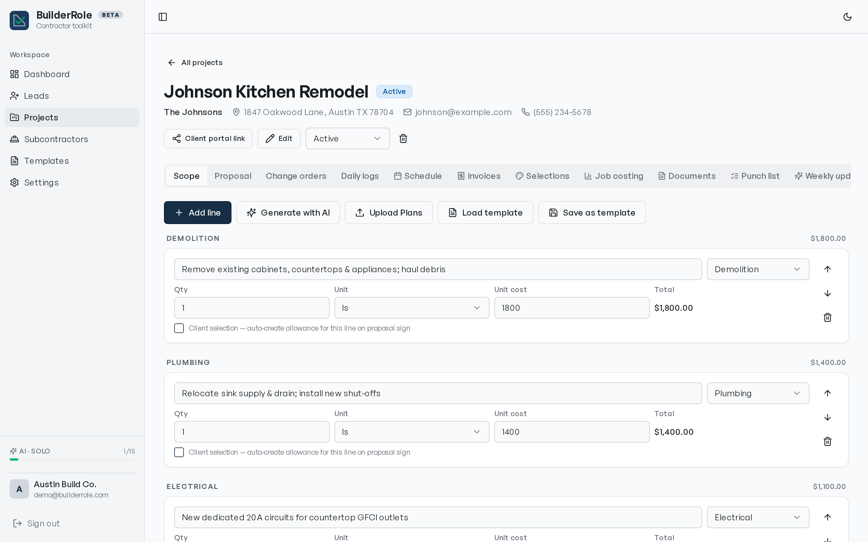 PoolRole job view — scope of work with itemized line costs, schedule, selections, and punch list tabs.